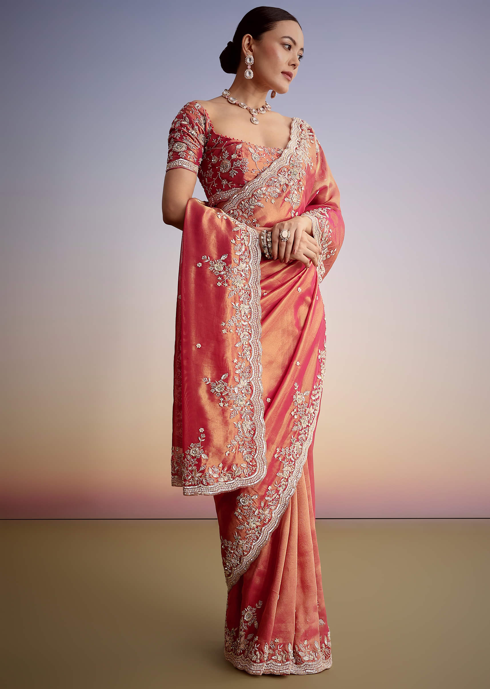 Indian Rust Pink Zardozi Tissue Saree (2-Piece) - Image 4