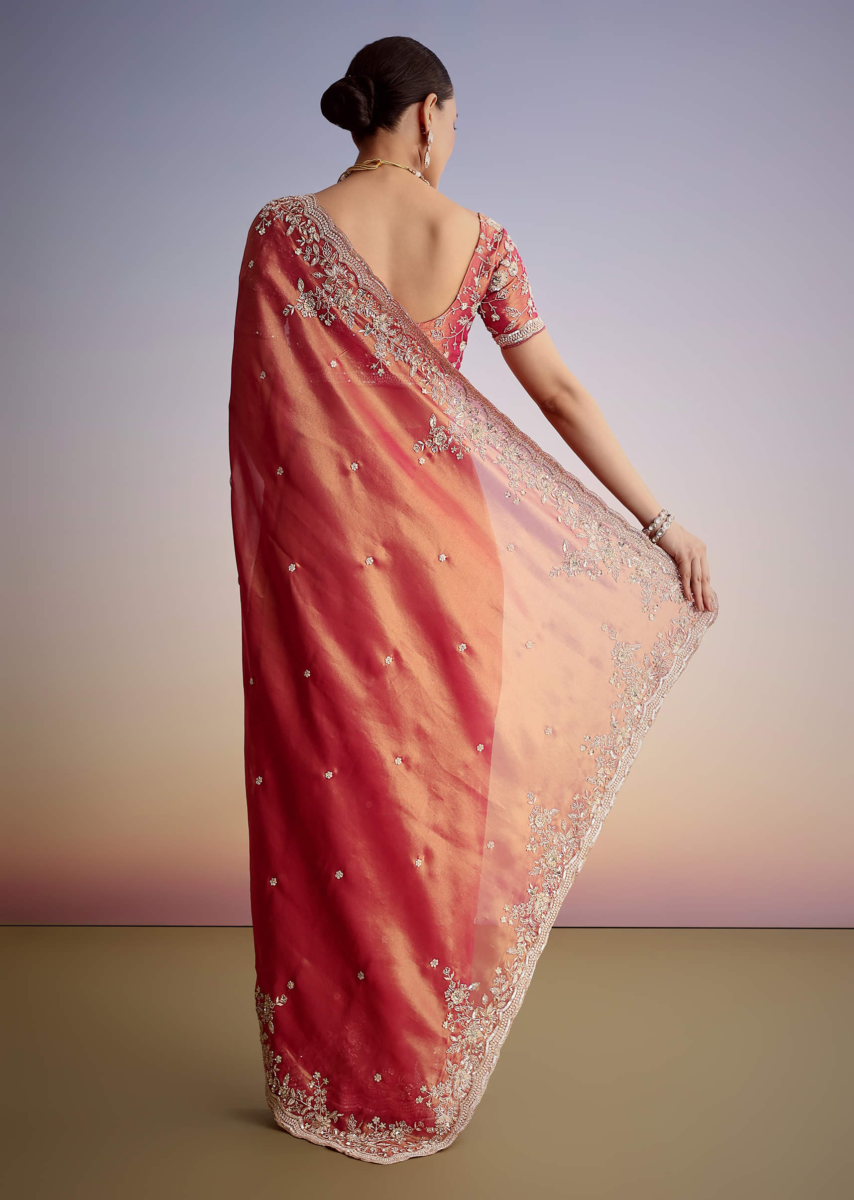 Indian Rust Pink Zardozi Tissue Saree (2-Piece) - Image 5