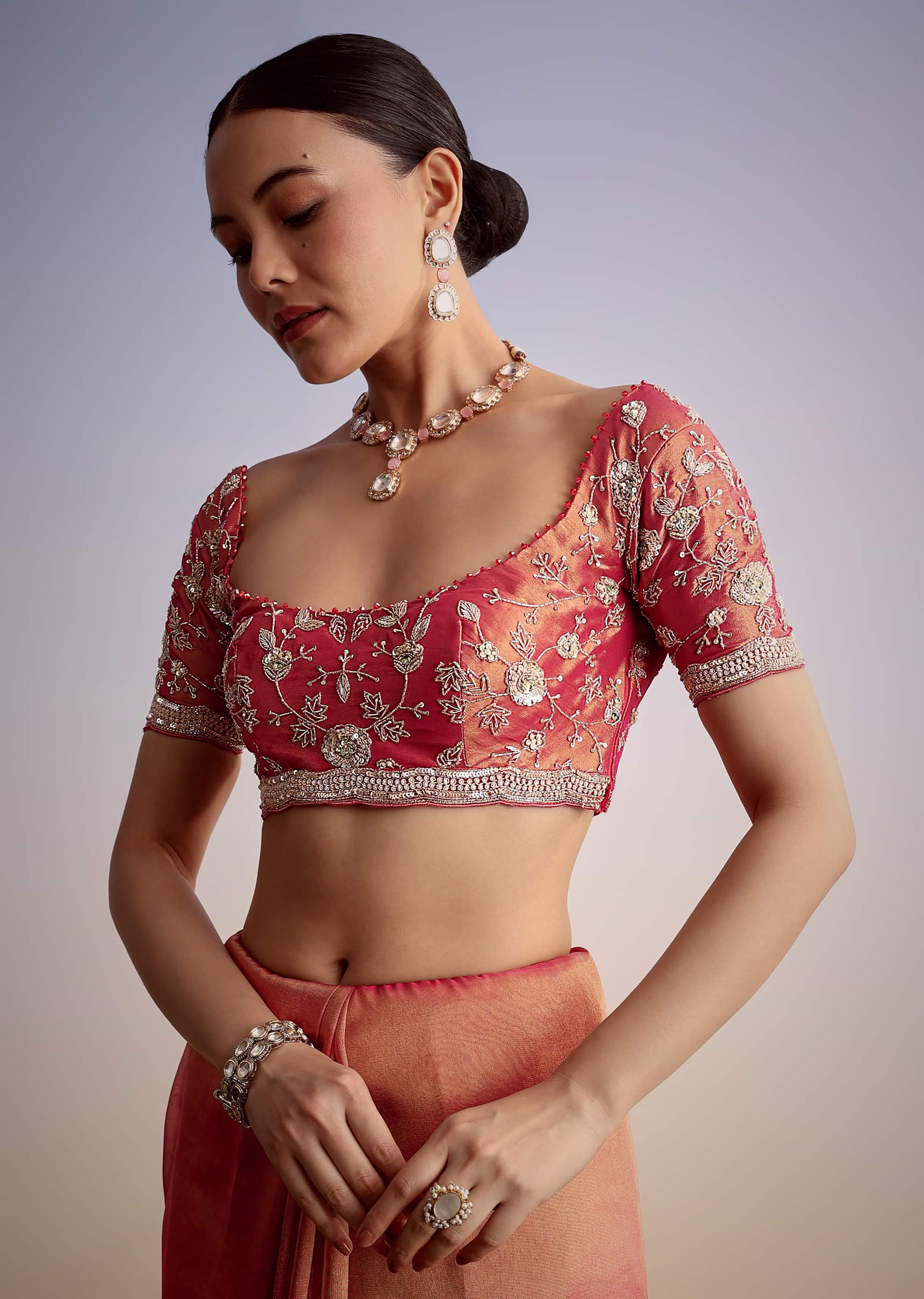 Indian Rust Pink Zardozi Tissue Saree (2-Piece) - Image 6