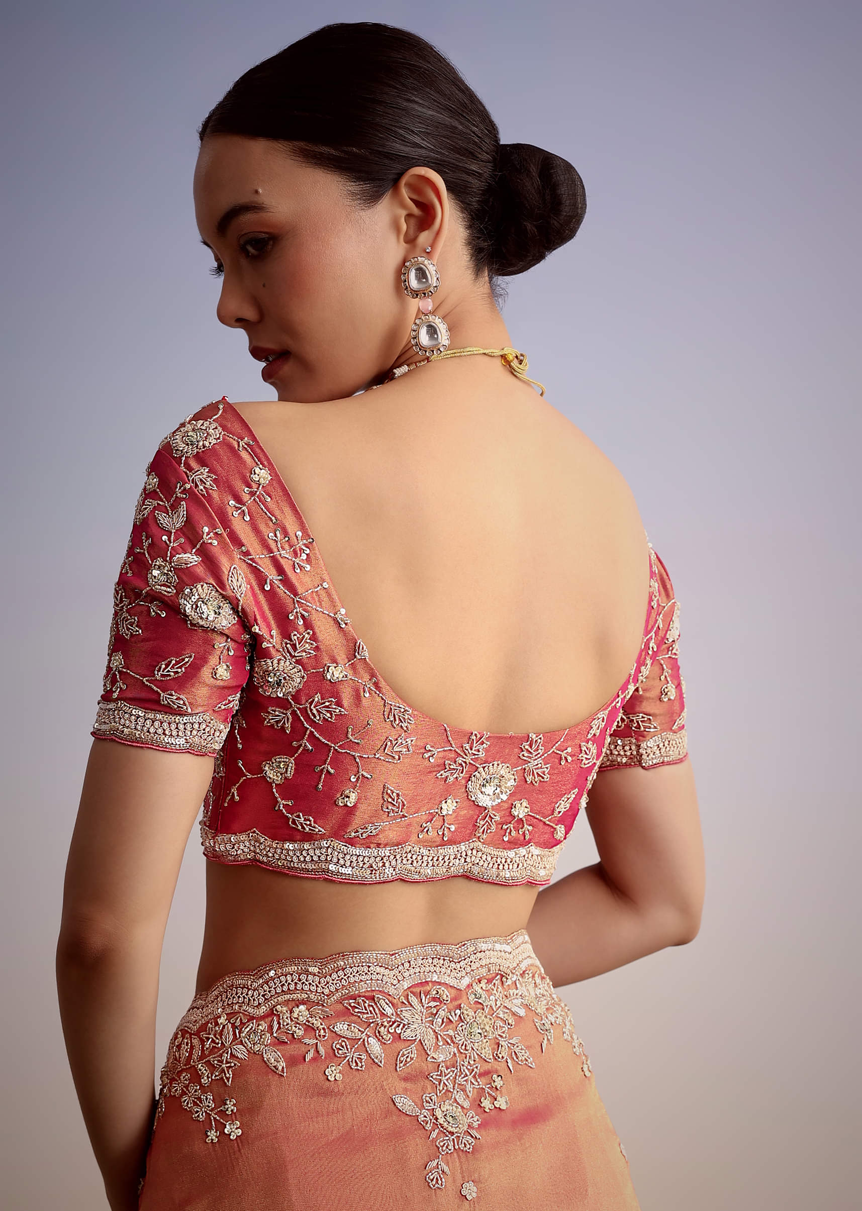 Indian Rust Pink Zardozi Tissue Saree (2-Piece) - Image 7