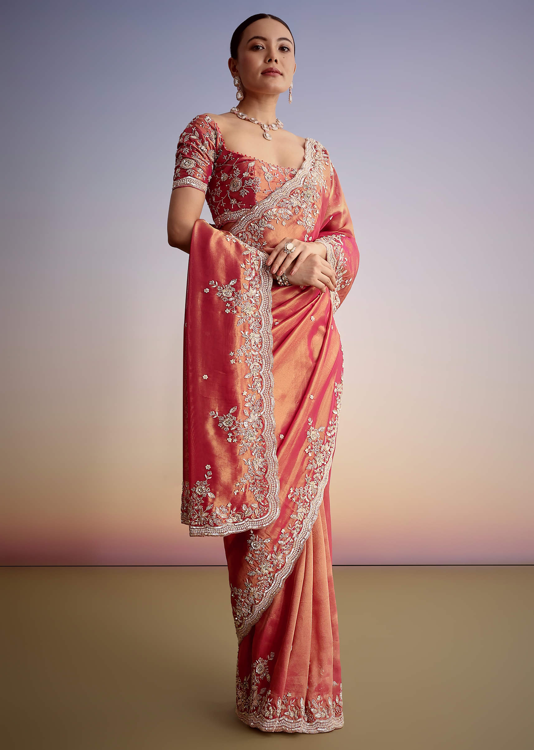 Indian Rust Pink Zardozi Tissue Saree (2-Piece) - Image 9