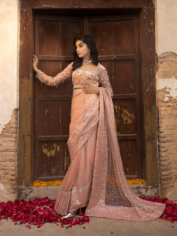 Indian Blush Pink Embellished Velvet & Net Saree (2-Piece) - Image 1