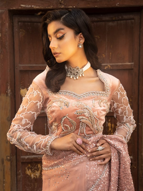 Indian Blush Pink Embellished Velvet & Net Saree (2-Piece) - Image 4
