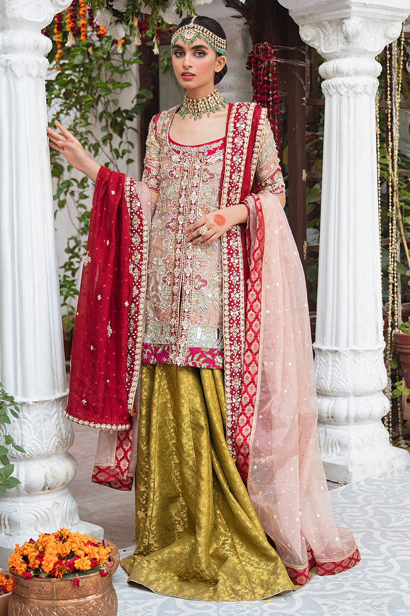 Pakistani Pink Zardozi Tissue Short Shirt & Olive Brocade Sharara (3-Piece) - Image 1