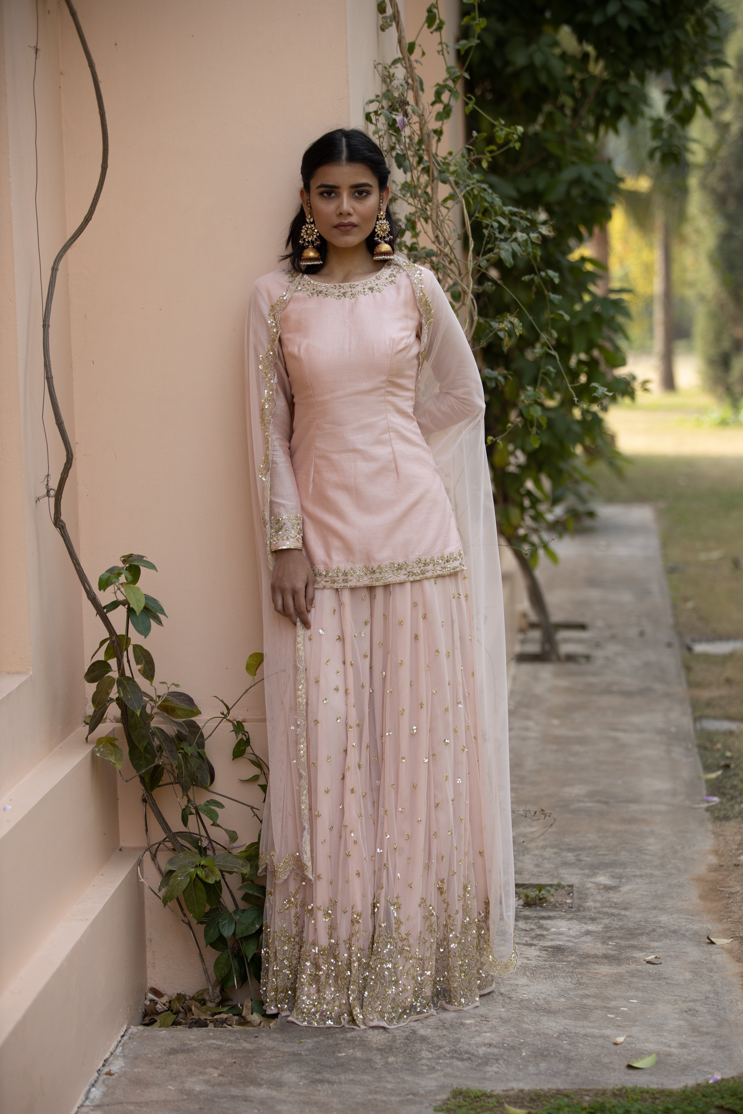 Blush Pink Embroidered Chanderi & Net Sharara (3-Piece) - Image 1