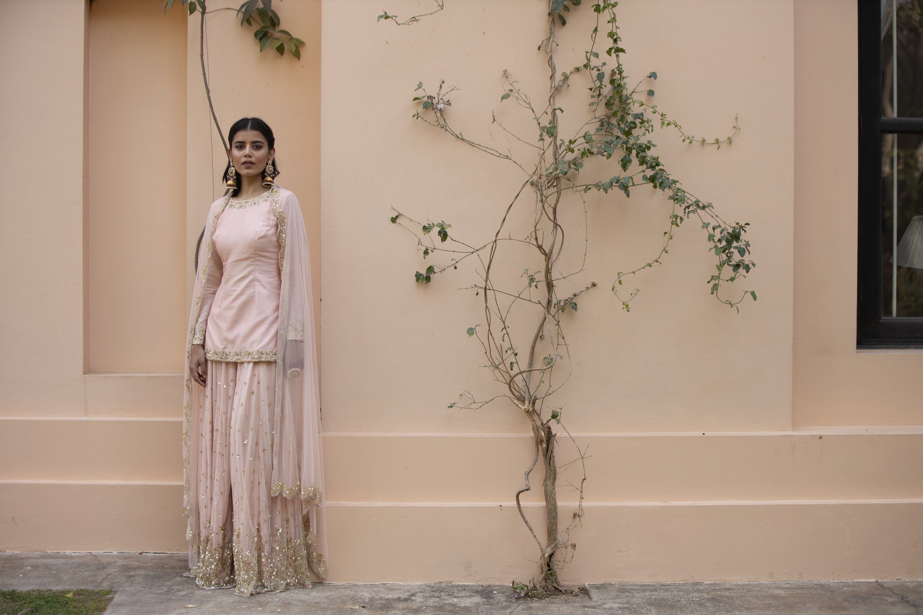 Blush Pink Embroidered Chanderi & Net Sharara (3-Piece) - Image 3