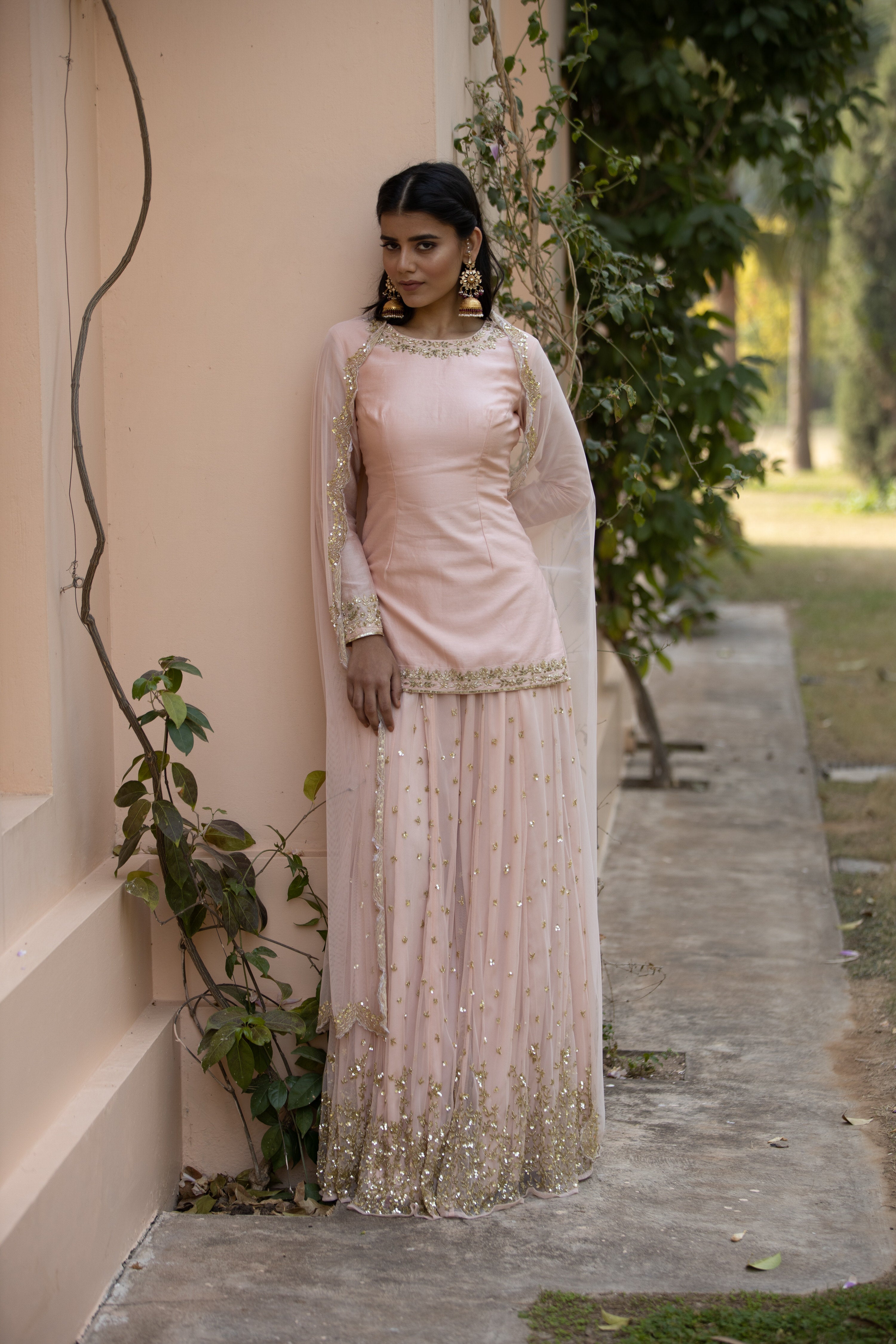 Blush Pink Embroidered Chanderi & Net Sharara (3-Piece) - Image 4