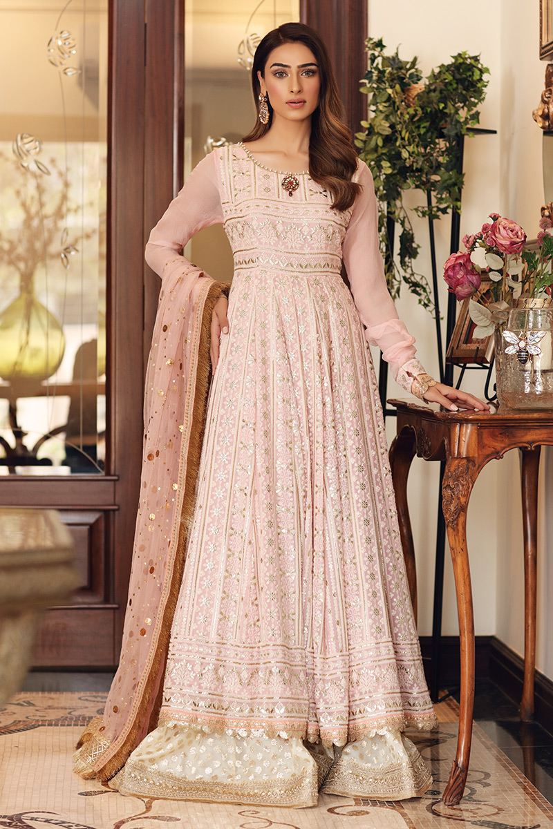 Pakistani Light Pink Chikankari Chiffon Pishwas (3-Piece) - Image 1