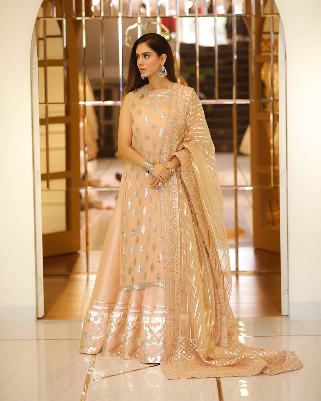 Peach Embellished Chiffon Sharara Set (3-Piece) - Image 1
