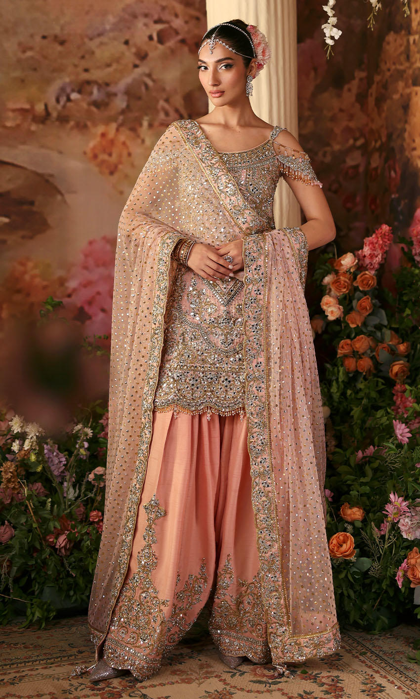 Pakistani Soft Pink Mirror Work Chiffon & Raw Silk Sharara (3-Piece) - Image 1