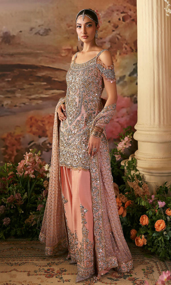 Pakistani Soft Pink Mirror Work Chiffon & Raw Silk Sharara (3-Piece) - Image 4