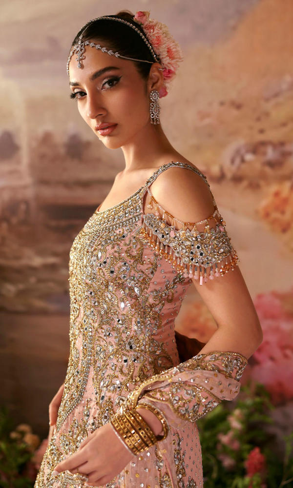 Pakistani Soft Pink Mirror Work Chiffon & Raw Silk Sharara (3-Piece) - Image 6