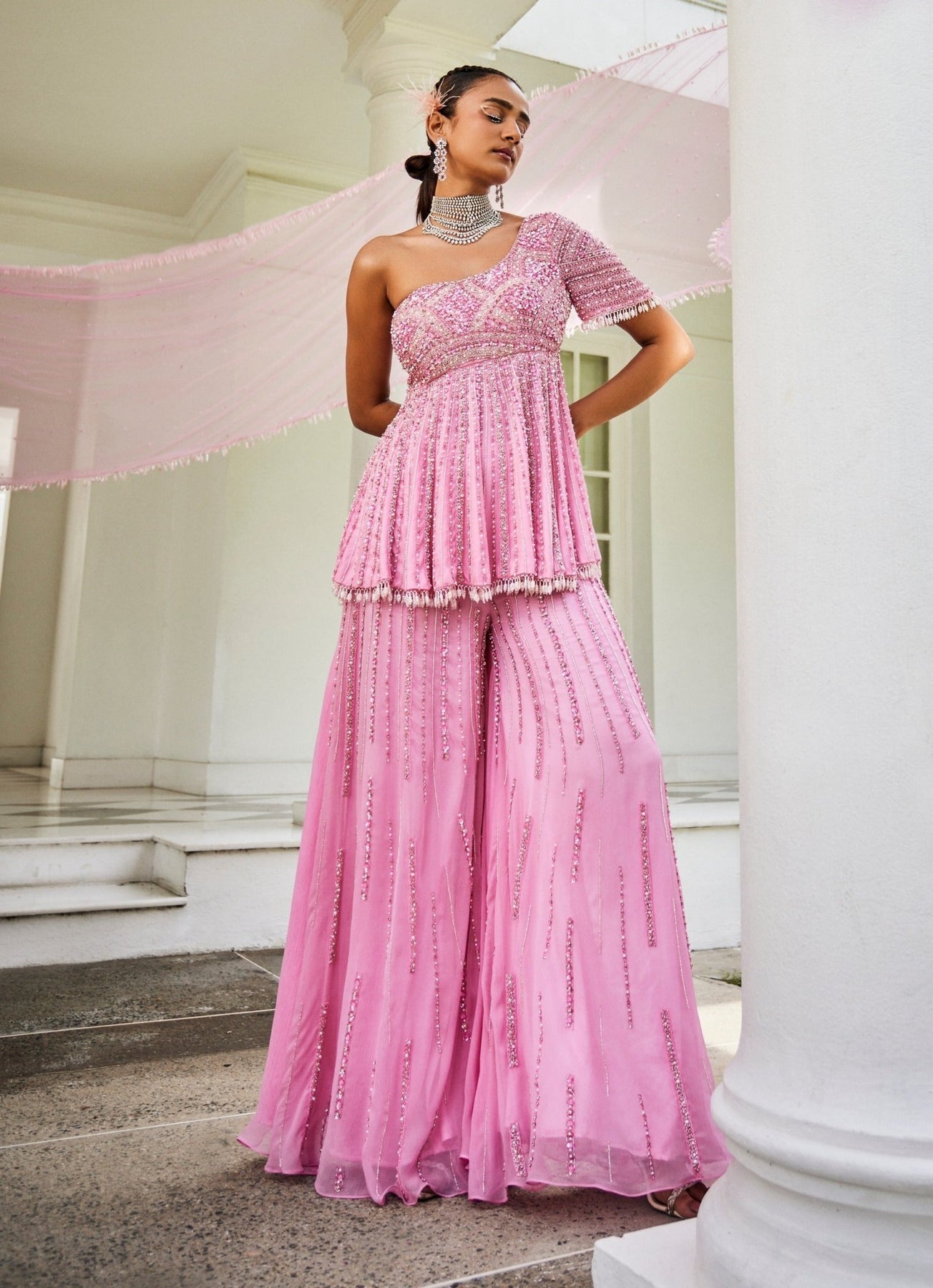 Pakistani Blush Pink Embroidered Chiffon Peplum Kurta Sharara (3-Piece) - Image 2