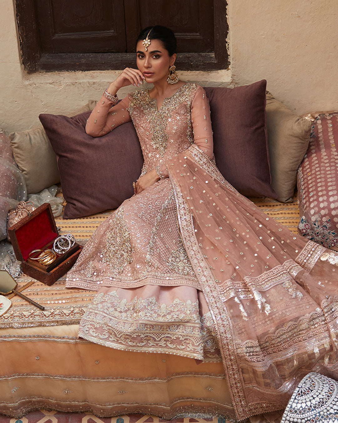Pakistani Salmon Embellished Chiffon Kameez with Raw Silk Sharara (3-Piece) - Image 2