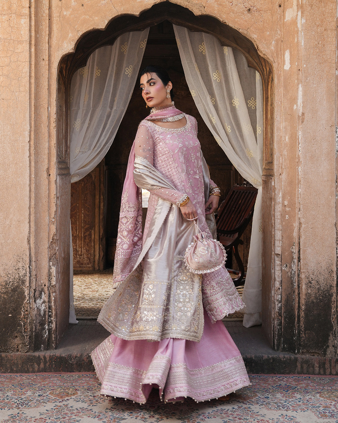 Pakistani Candy Floss Pink Embroidered Chiffon & Silk Sharara (3-Piece) - Image 2