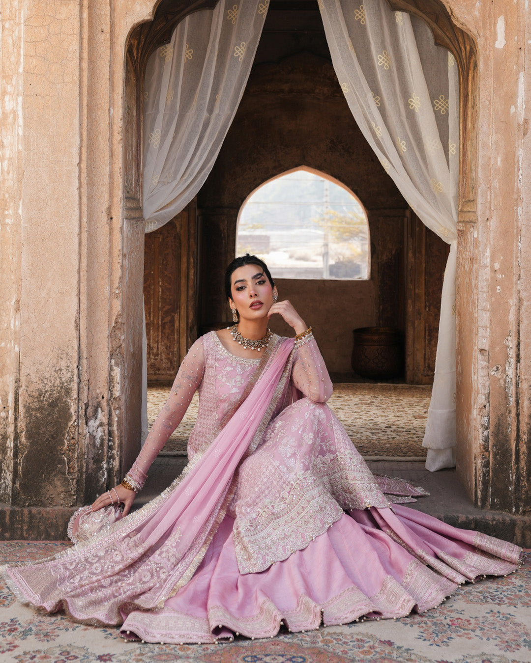 Pakistani Candy Floss Pink Embroidered Chiffon & Silk Sharara (3-Piece) - Image 3