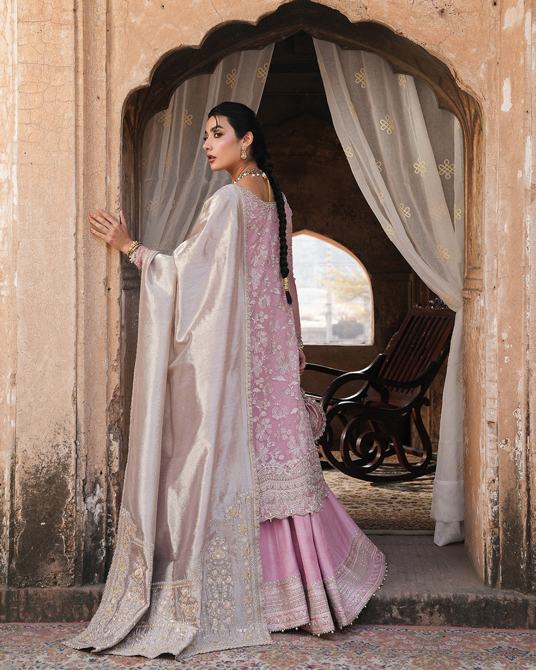 Pakistani Candy Floss Pink Embroidered Chiffon & Silk Sharara (3-Piece) - Image 4