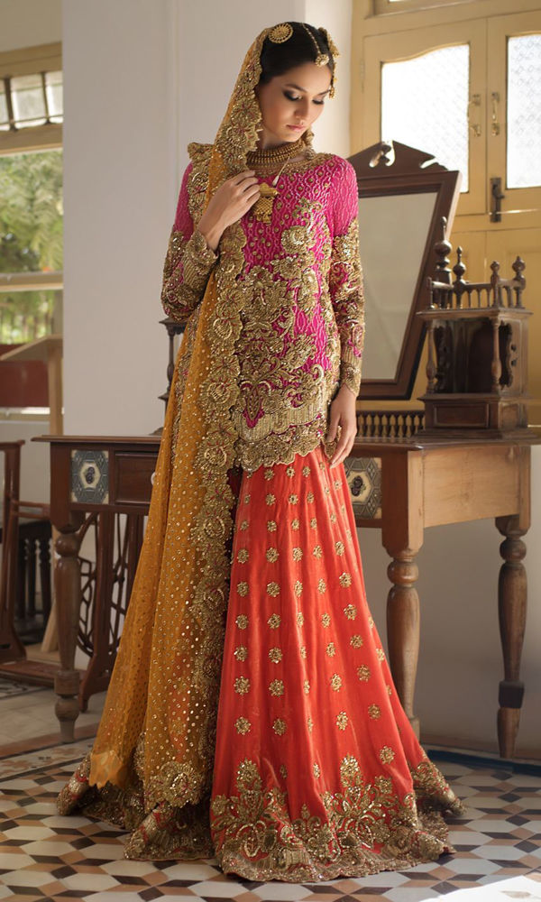 Pakistani Rani Pink Zardozi Chiffon Sharara (3-Piece) - Image 2