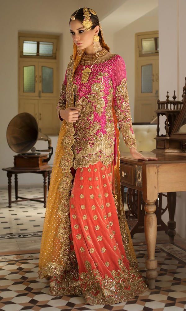 Pakistani Rani Pink Zardozi Chiffon Sharara (3-Piece) - Image 3
