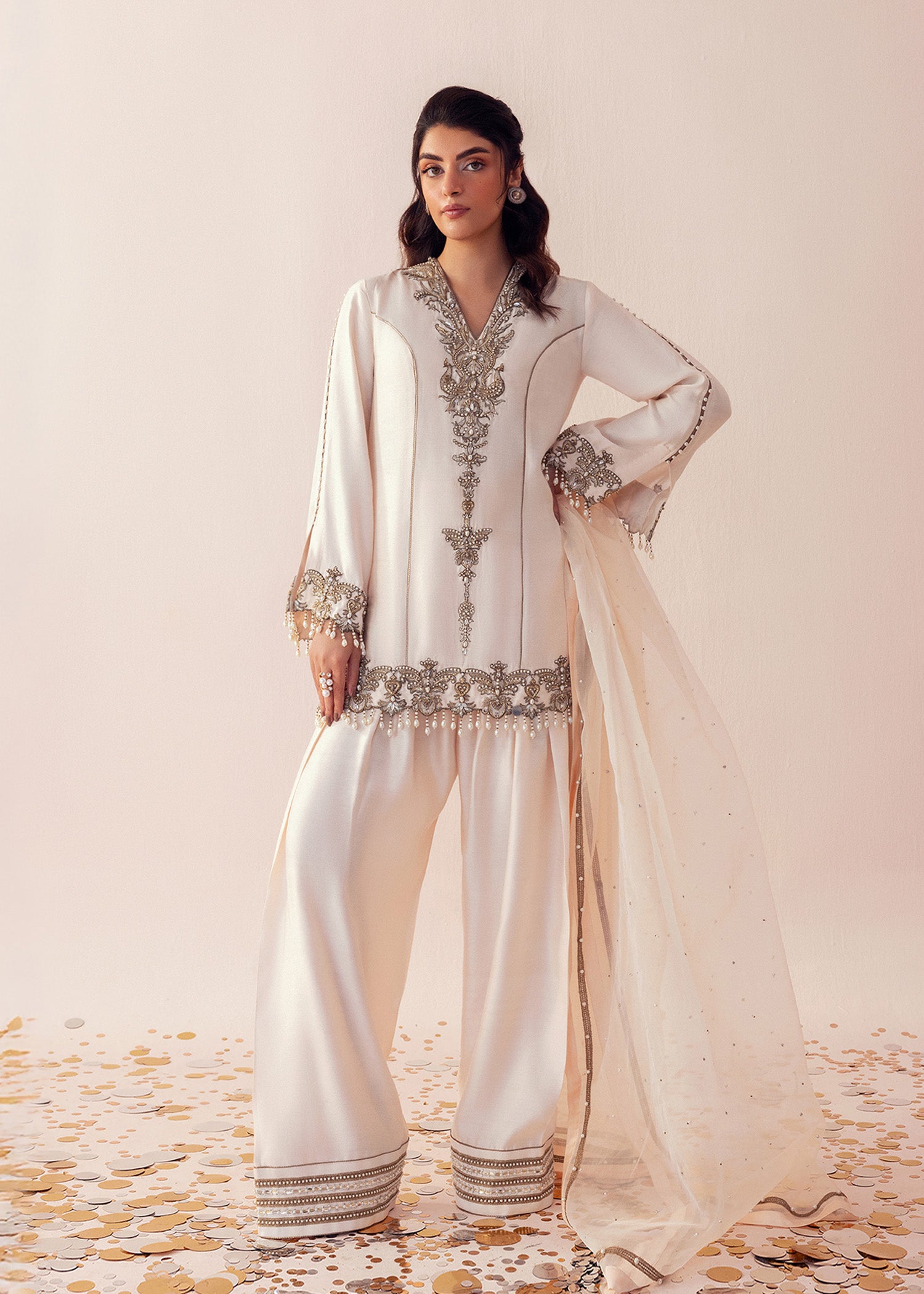 Shell Pink Embroidered Cotton Net Sharara (3-Piece) - Image 1