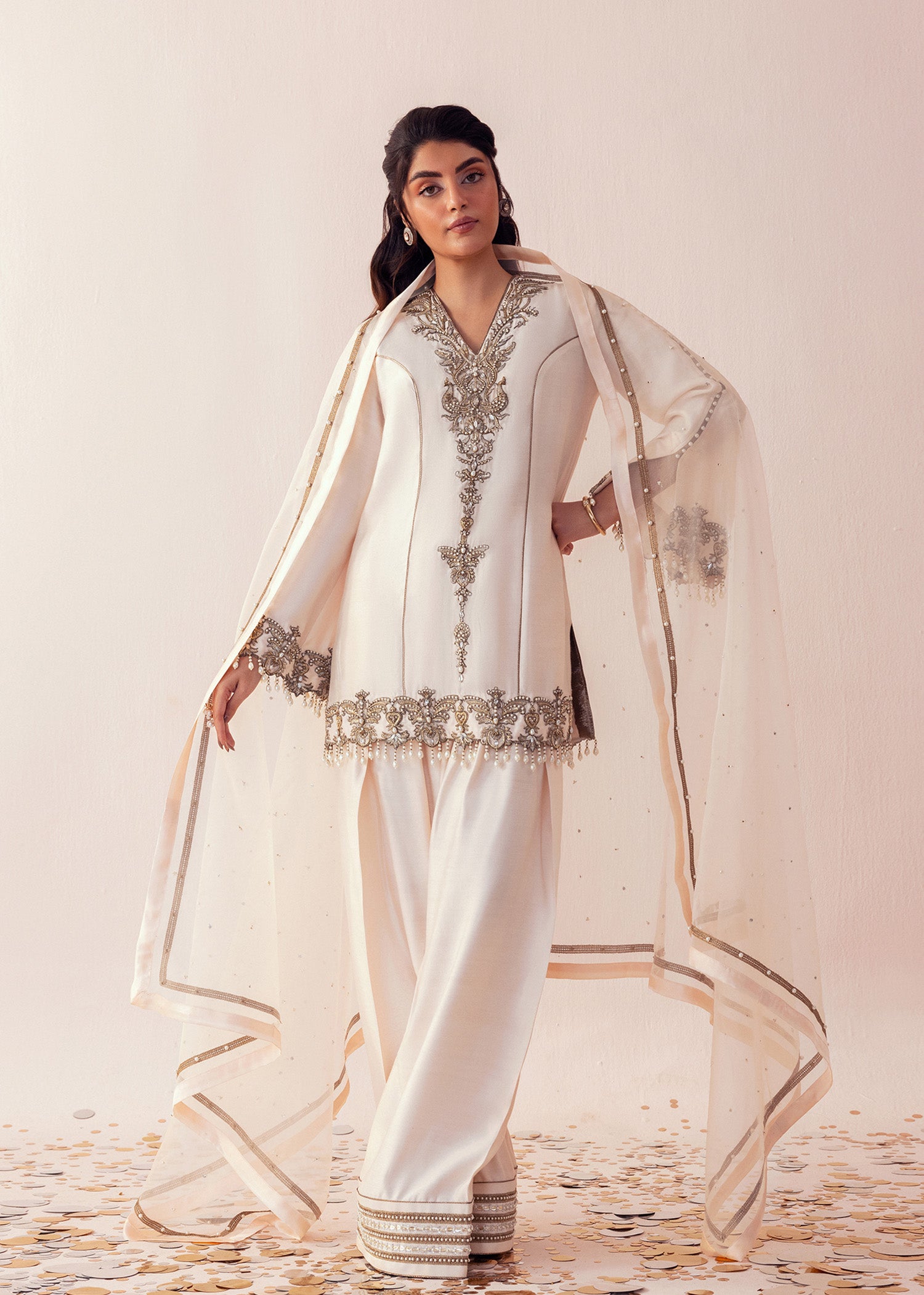 Shell Pink Embroidered Cotton Net Sharara (3-Piece) - Image 2