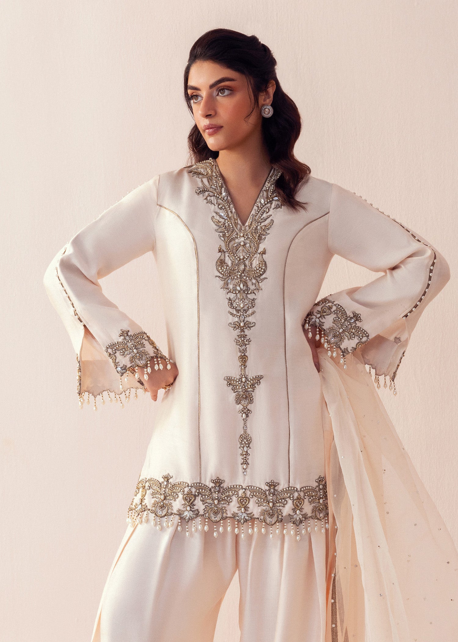 Shell Pink Embroidered Cotton Net Sharara (3-Piece) - Image 3