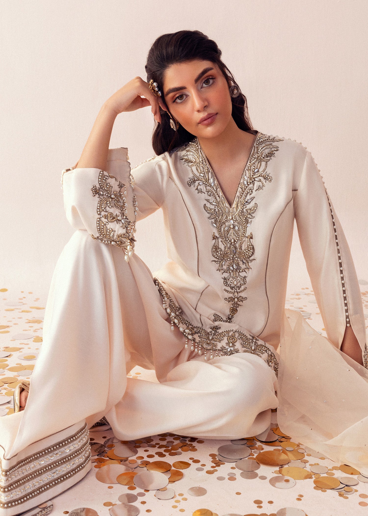 Shell Pink Embroidered Cotton Net Sharara (3-Piece) - Image 6