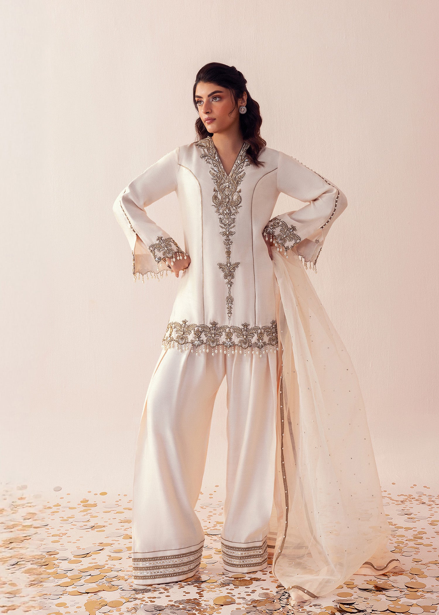 Shell Pink Embroidered Cotton Net Sharara (3-Piece) - Image 7