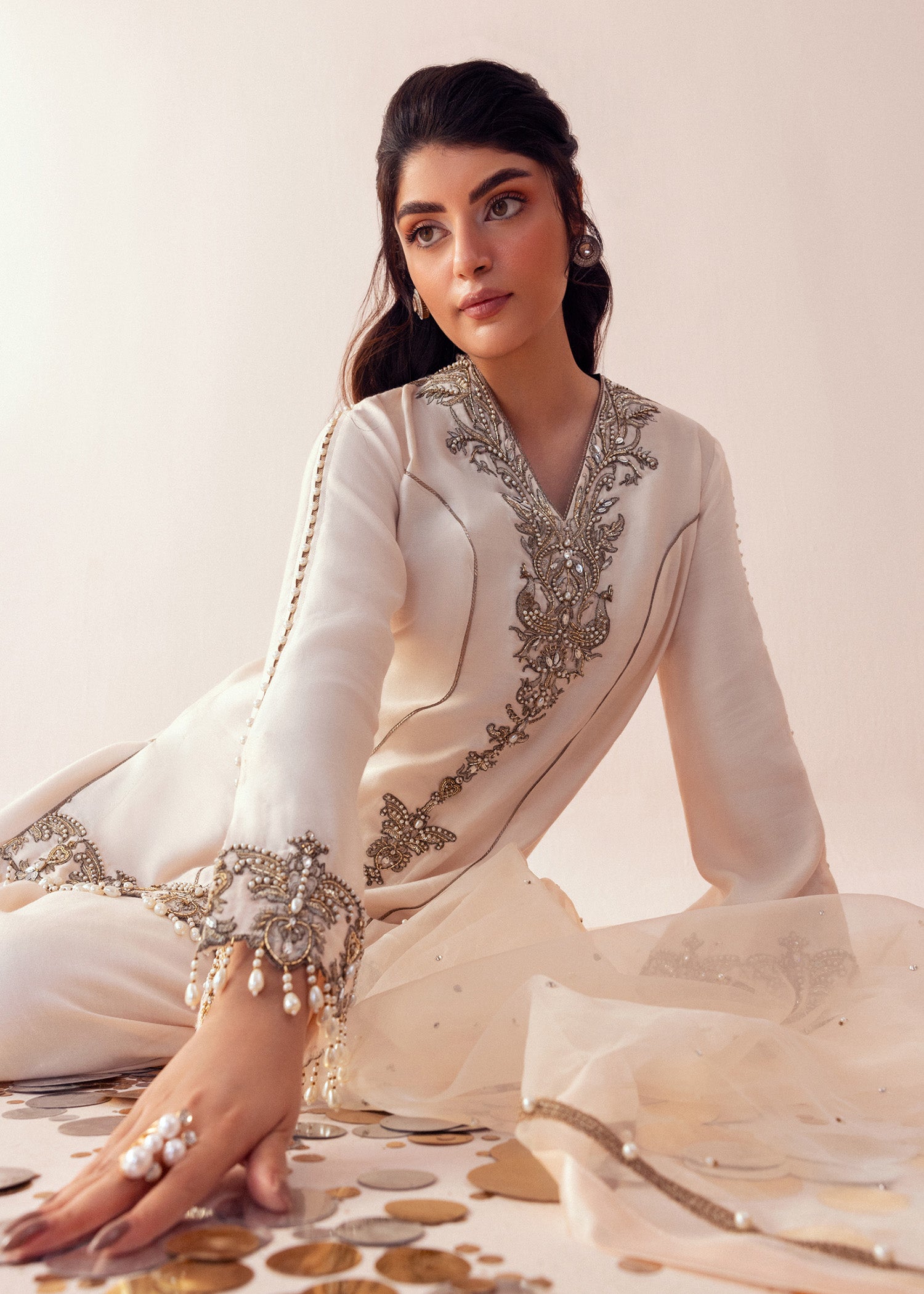 Shell Pink Embroidered Cotton Net Sharara (3-Piece) - Image 9