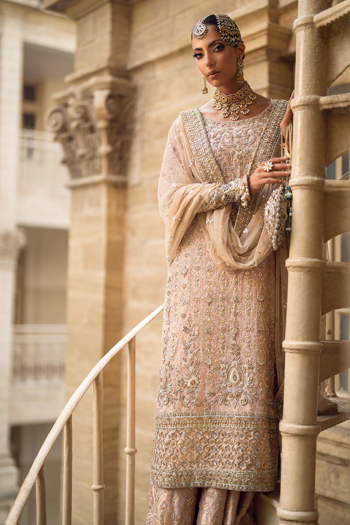 Pakistani Salmon Pink Zardozi Cotton Net Sharara (3-Piece) - Image 6