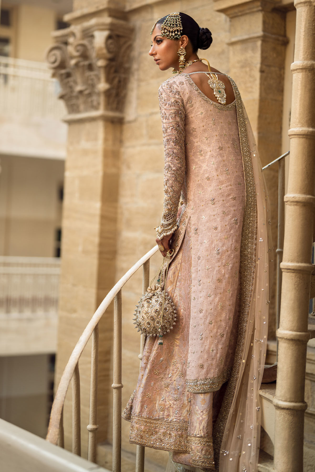 Pakistani Salmon Pink Zardozi Cotton Net Sharara (3-Piece) - Image 8