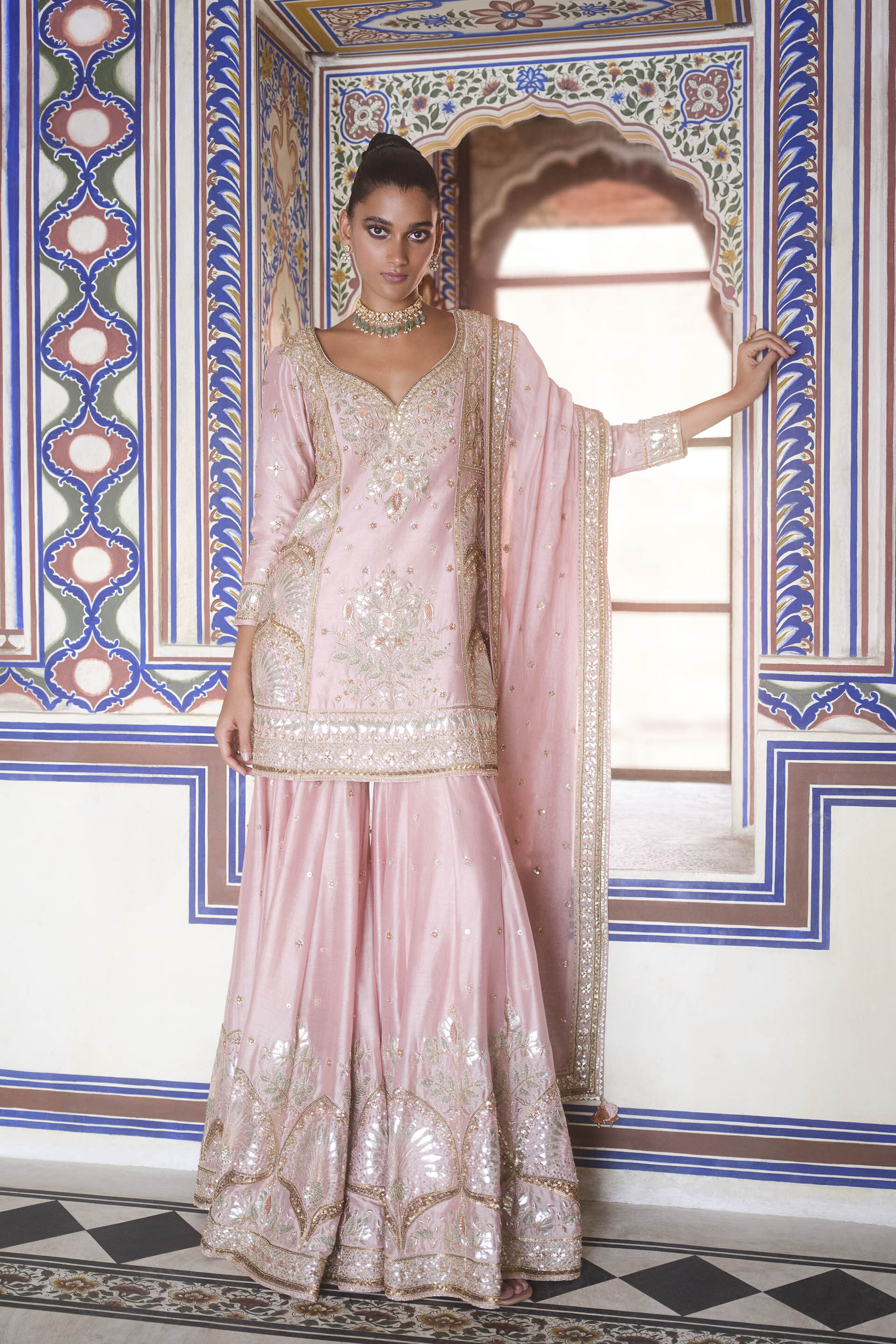 Indian Blush Pink Gota Patti Cotton-Silk Sharara (3-Piece) - Image 1