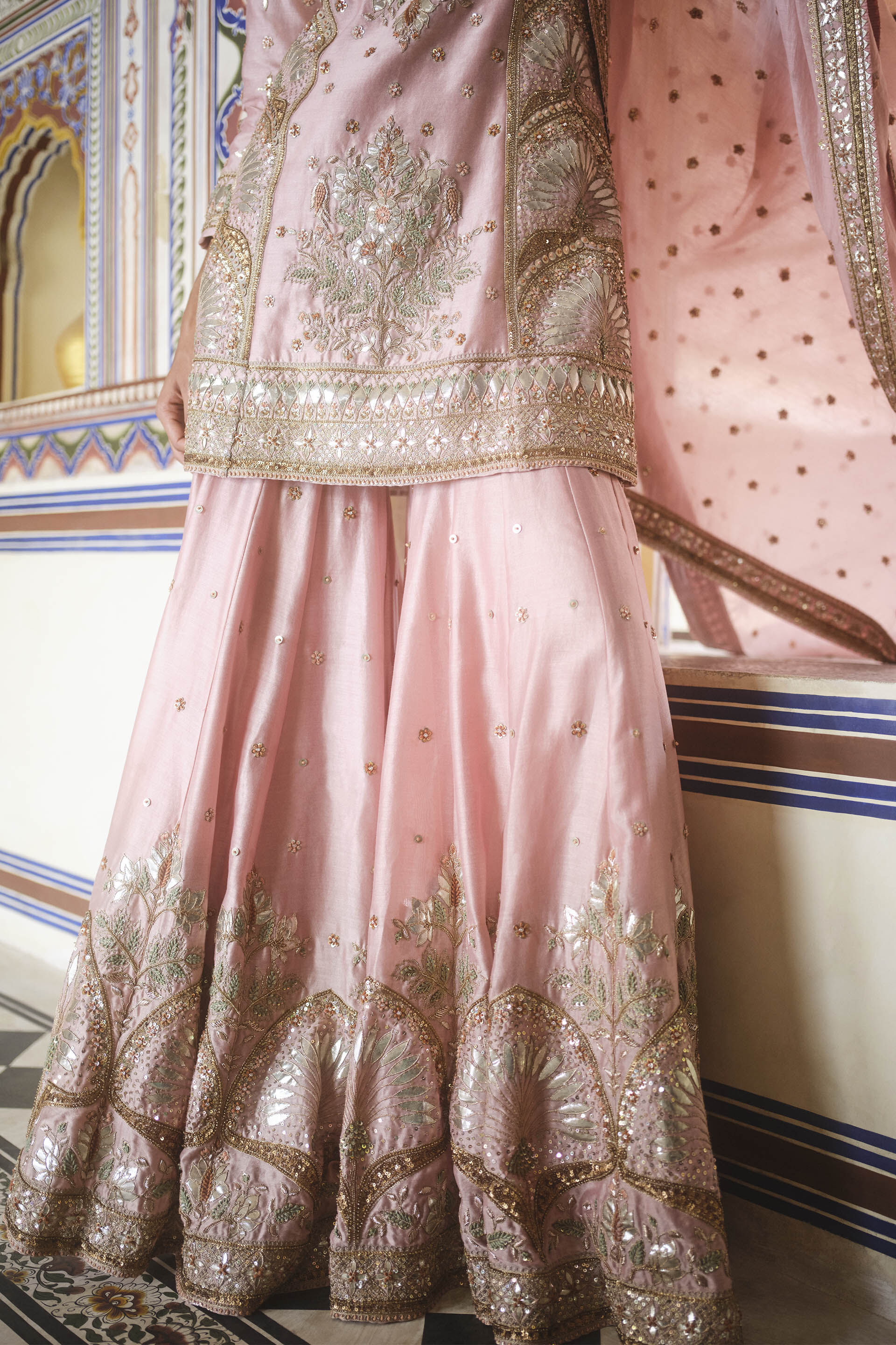 Indian Blush Pink Gota Patti Cotton-Silk Sharara (3-Piece) - Image 4