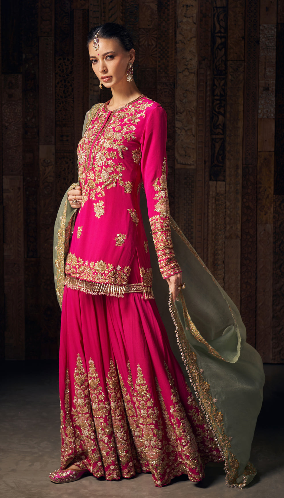 Indian Rani Pink Peeta Embroidered Crepe Silk Sharara (3-Piece) - Image 1