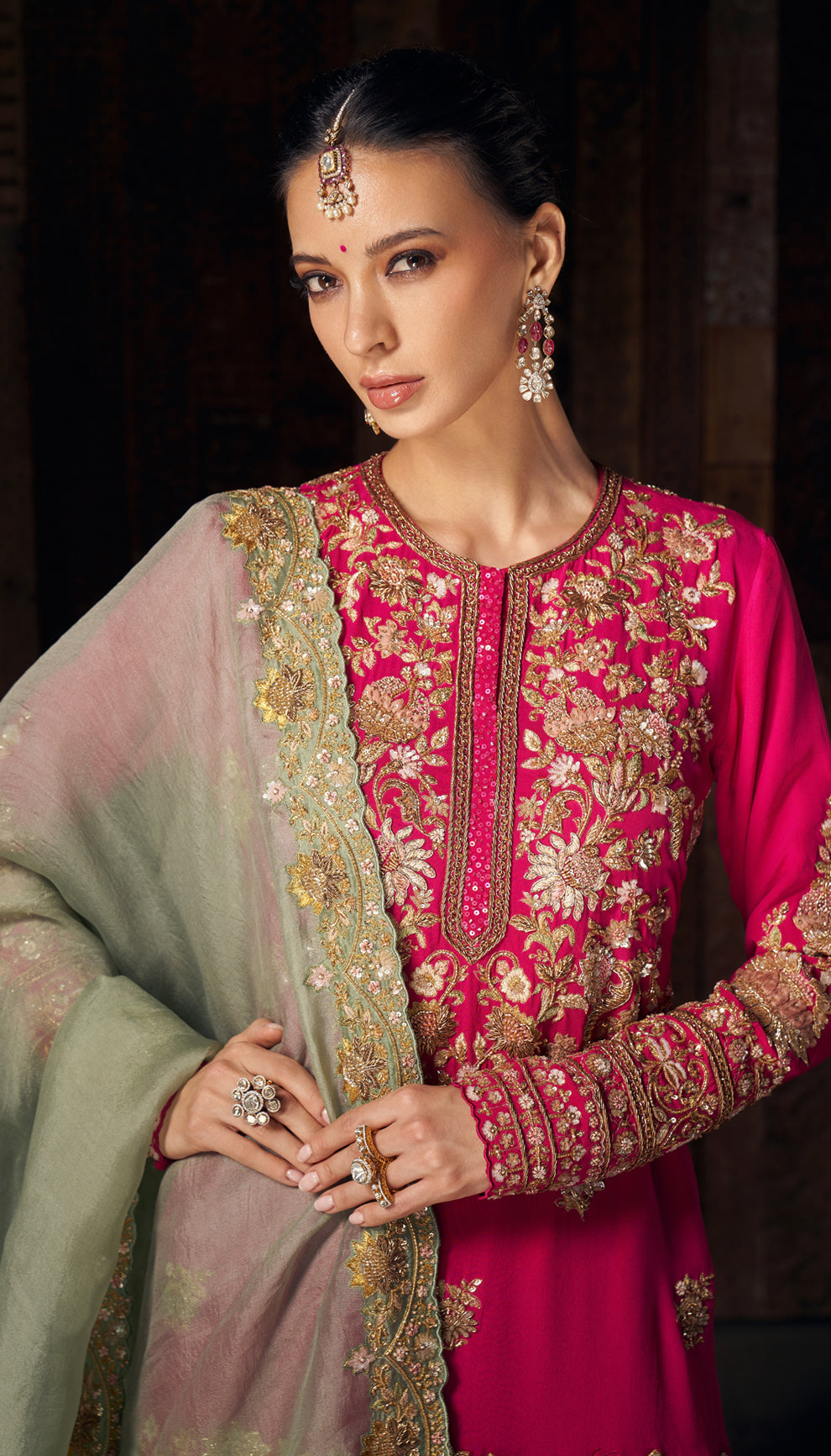 Indian Rani Pink Peeta Embroidered Crepe Silk Sharara (3-Piece) - Image 2