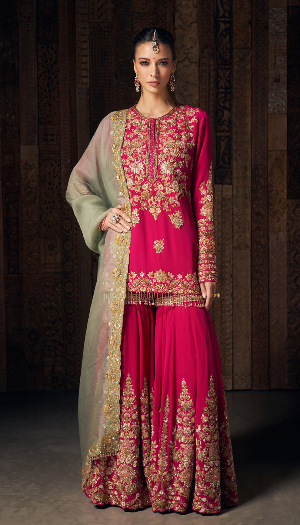 Indian Rani Pink Peeta Embroidered Crepe Silk Sharara (3-Piece) - Image 3