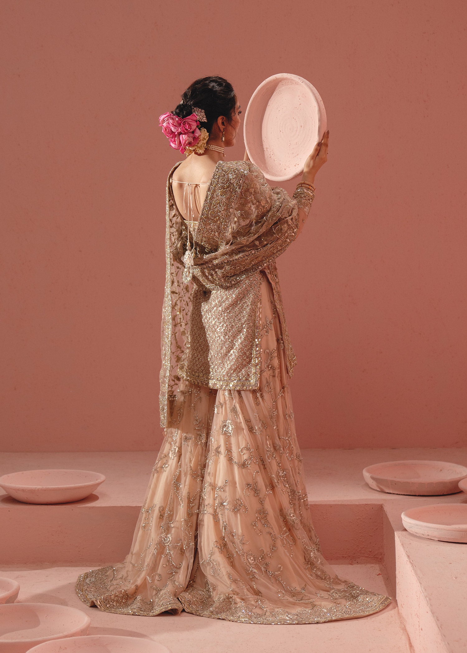 Soft Pink Hand-Embellished French Net Sharara (3-Piece) - Image 11