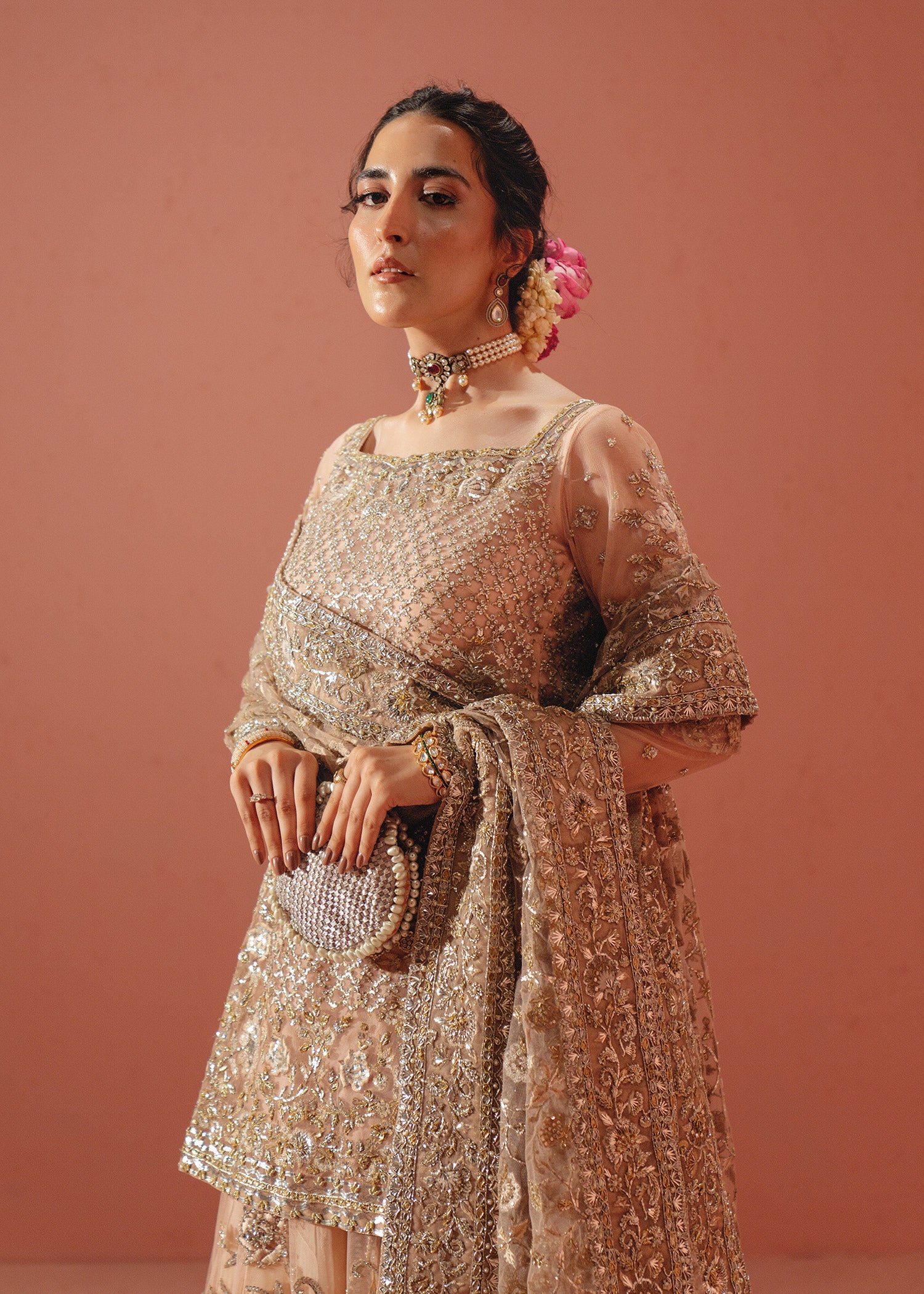 Soft Pink Hand-Embellished French Net Sharara (3-Piece) - Image 2