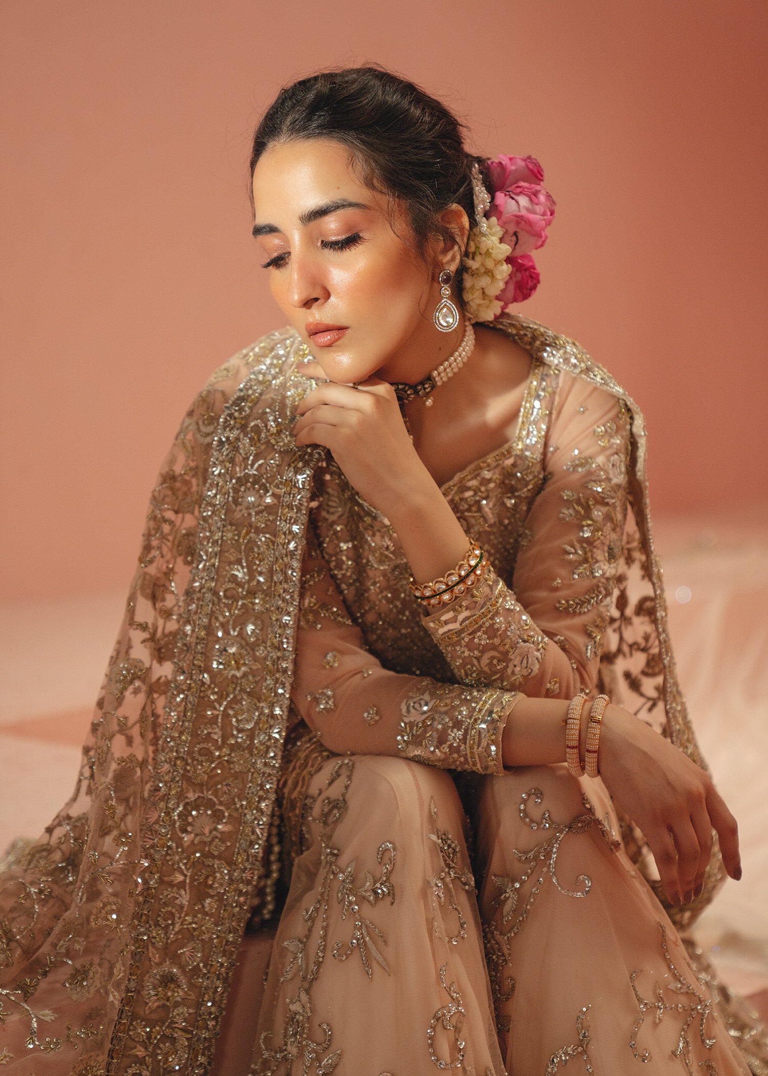 Soft Pink Hand-Embellished French Net Sharara (3-Piece) - Image 4