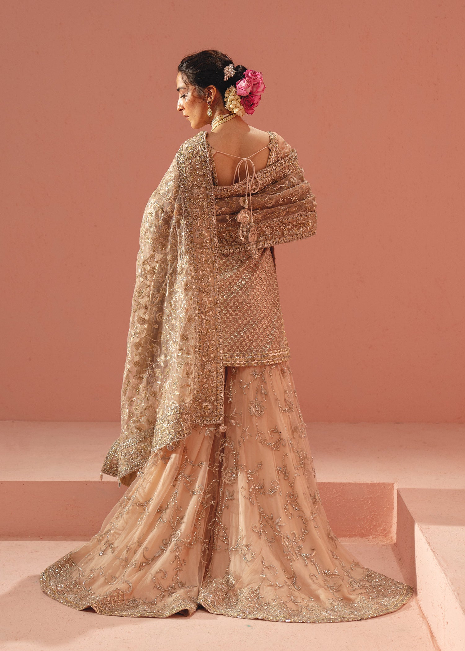 Soft Pink Hand-Embellished French Net Sharara (3-Piece) - Image 5