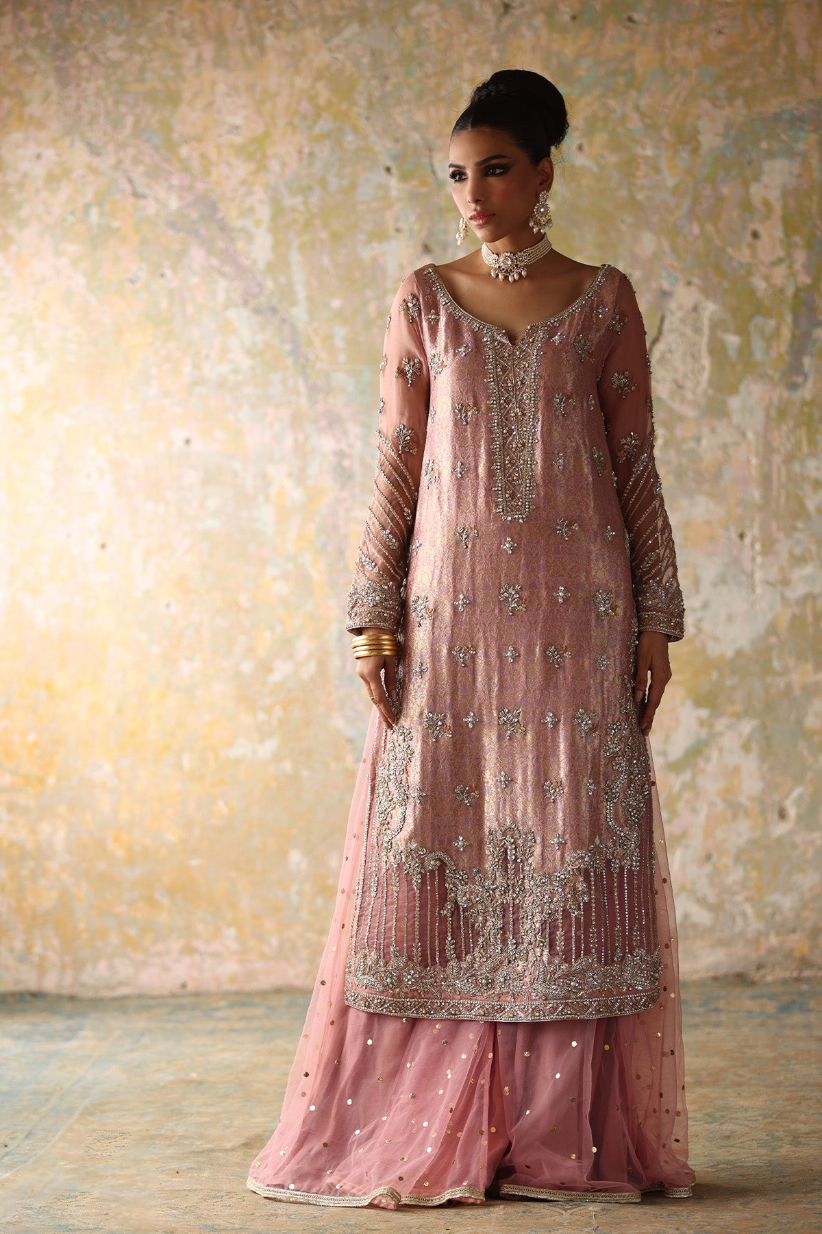 Pakistani Pink Embroidered Jamawar Sharara (2-Piece) - Image 1