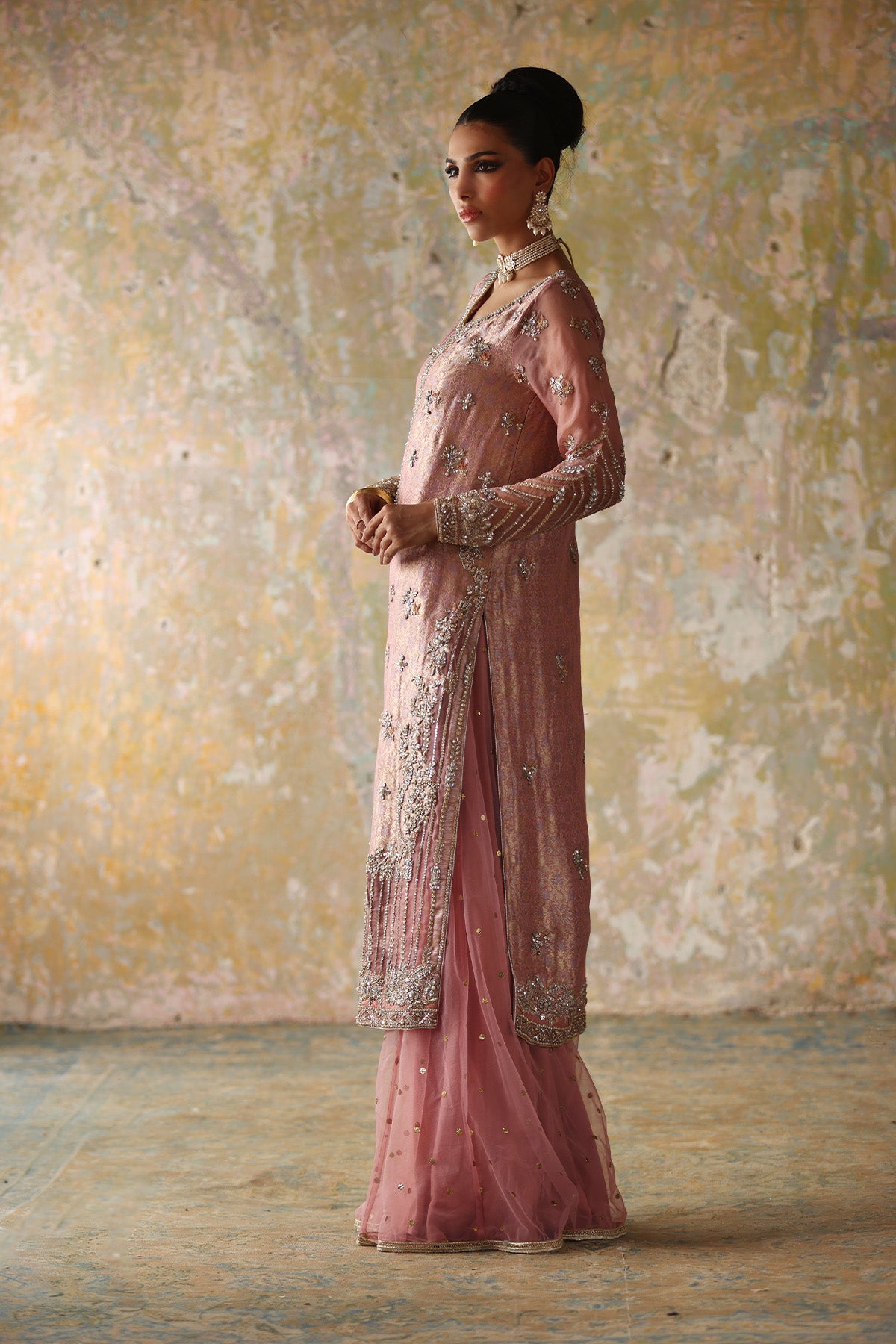 Pakistani Pink Embroidered Jamawar Sharara (2-Piece) - Image 2