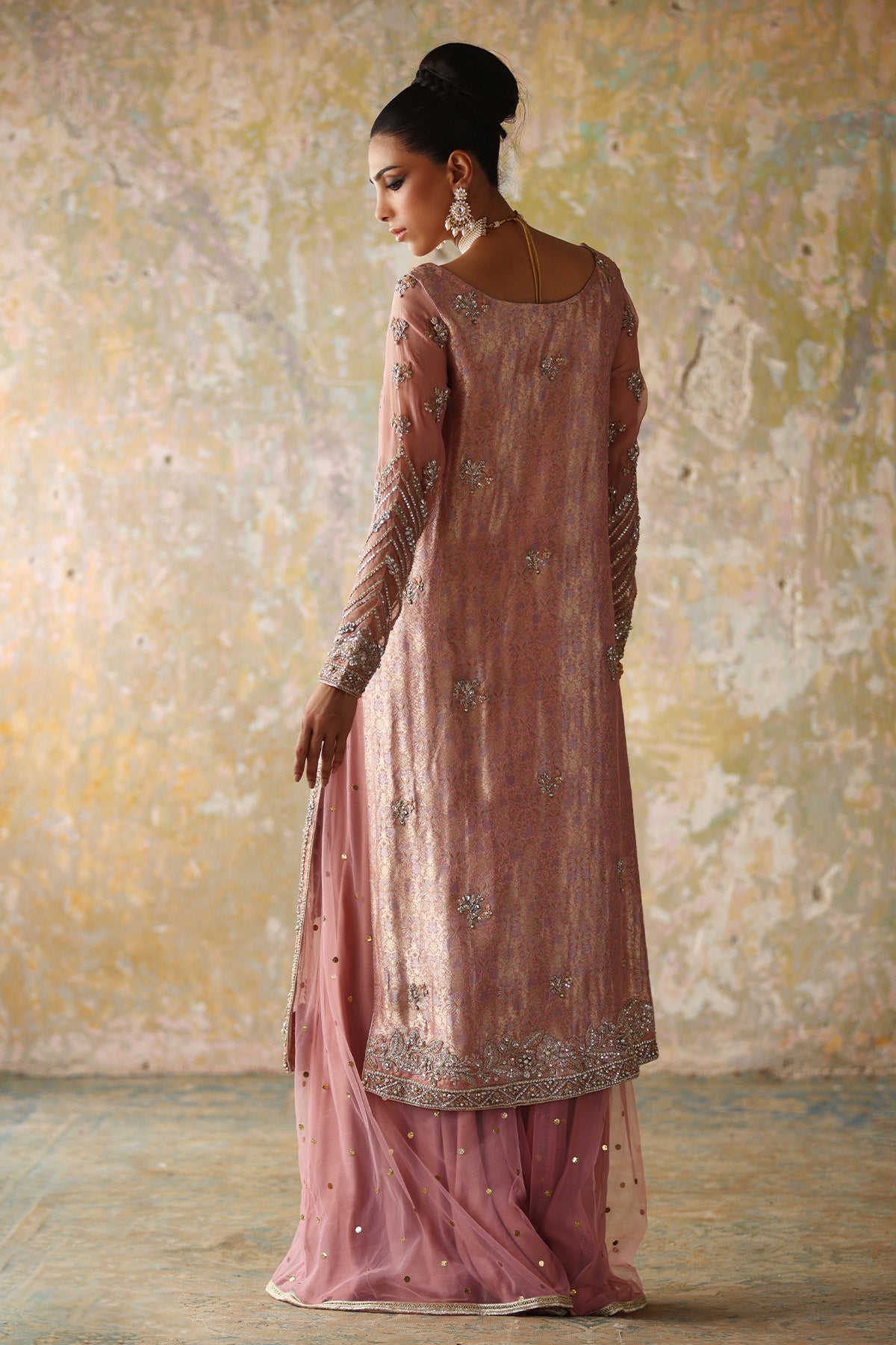 Pakistani Pink Embroidered Jamawar Sharara (2-Piece) - Image 3