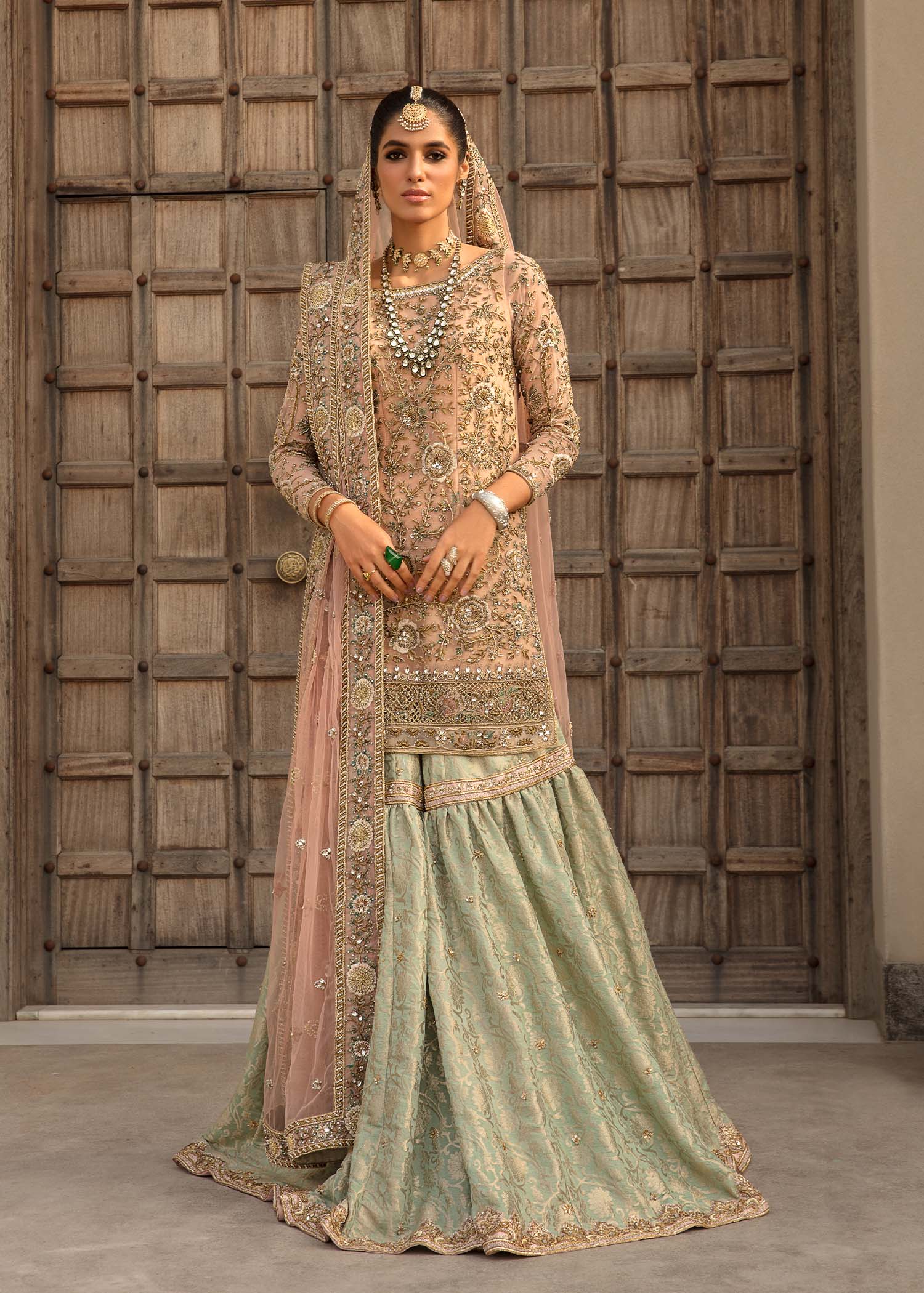 Pink Embroidered Net Bridal Sharara (3-Piece) - Image 1
