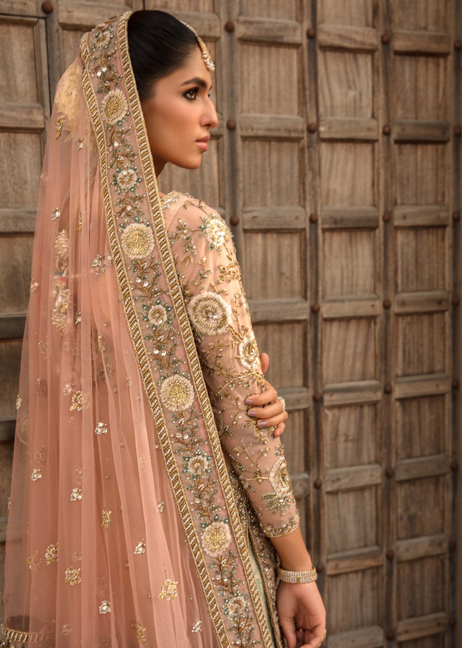Pink Embroidered Net Bridal Sharara (3-Piece) - Image 3