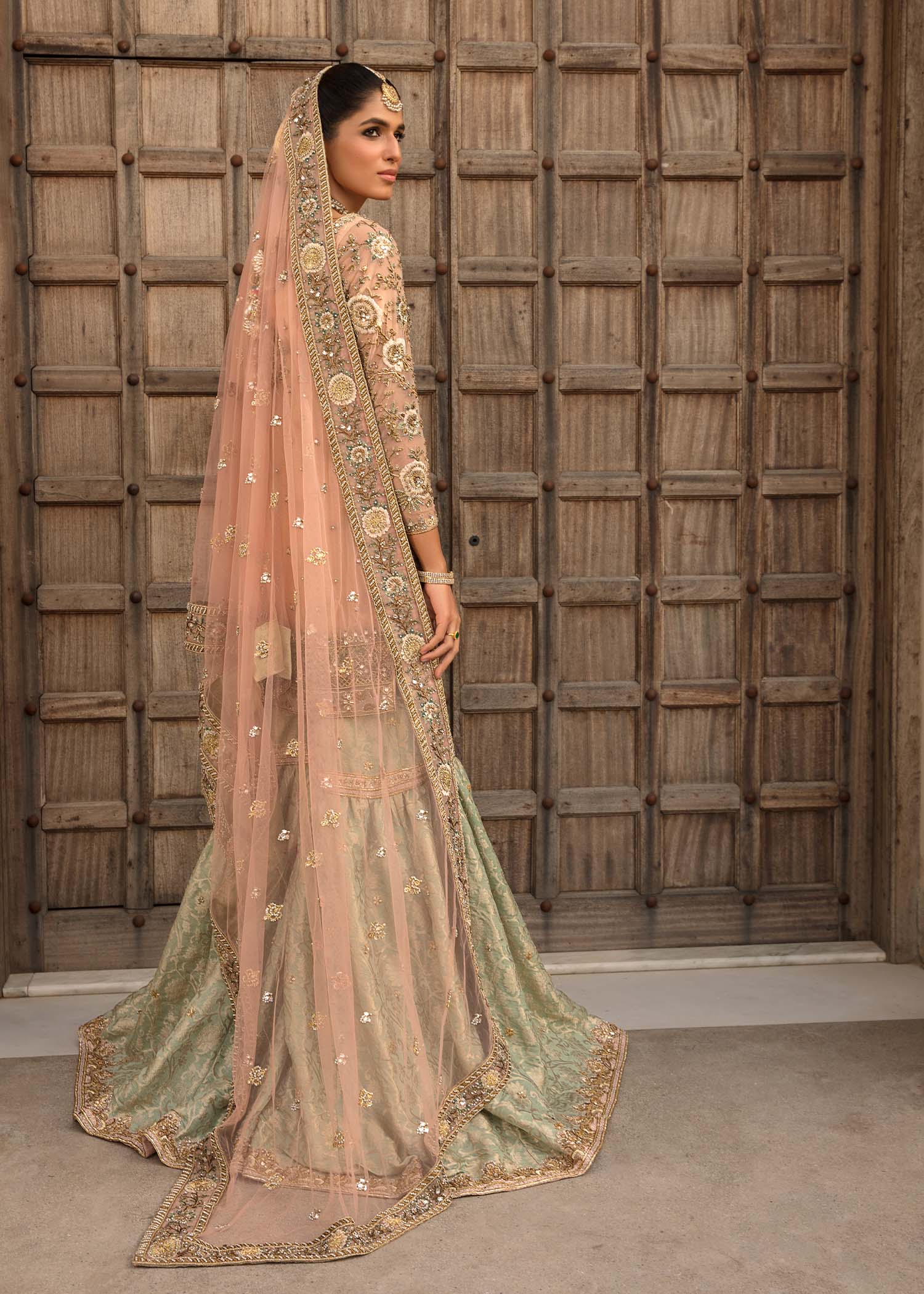 Pink Embroidered Net Bridal Sharara (3-Piece) - Image 4