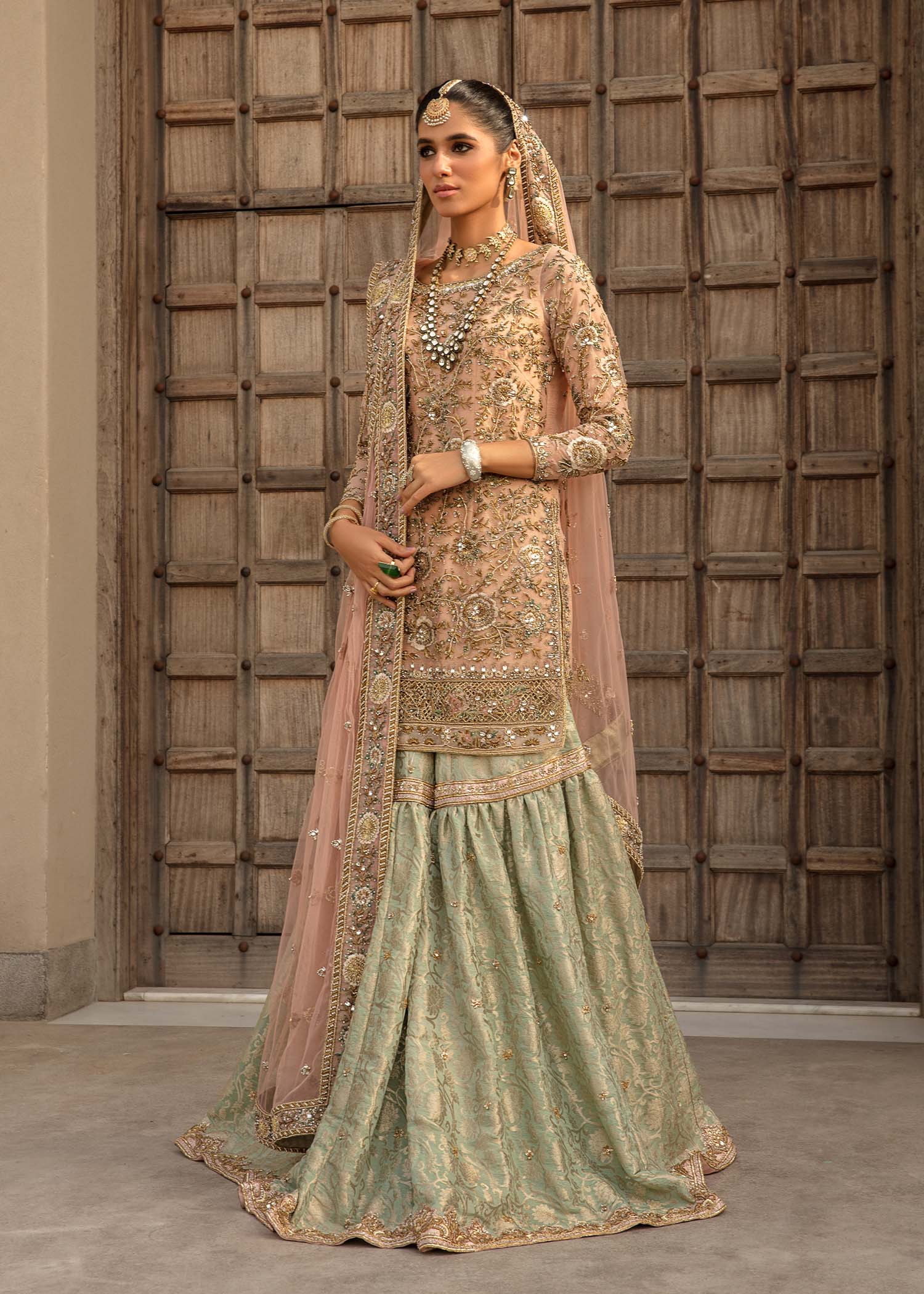Pink Embroidered Net Bridal Sharara (3-Piece) - Image 7