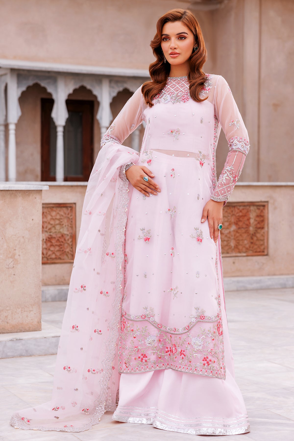 Pakistani Blush Pink Embroidered Kattan Silk Sharara (3-Piece) - Image 1