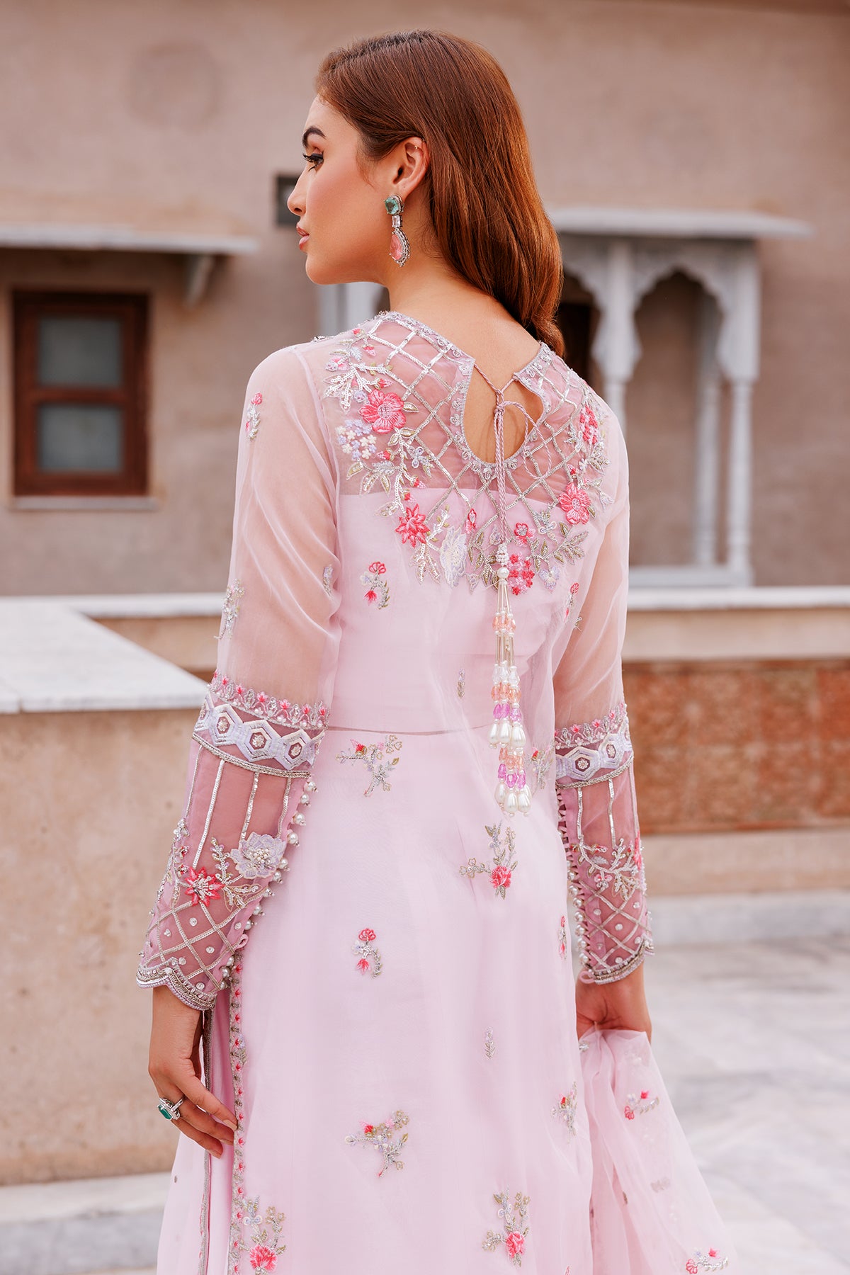 Pakistani Blush Pink Embroidered Kattan Silk Sharara (3-Piece) - Image 2