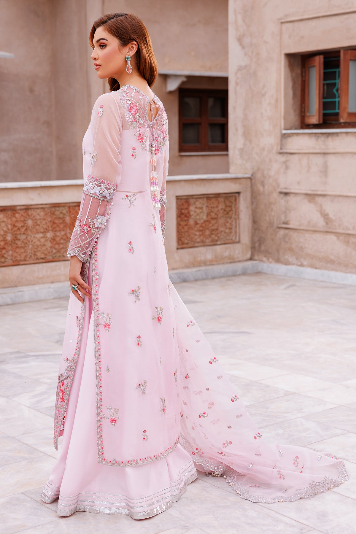 Pakistani Blush Pink Embroidered Kattan Silk Sharara (3-Piece) - Image 3